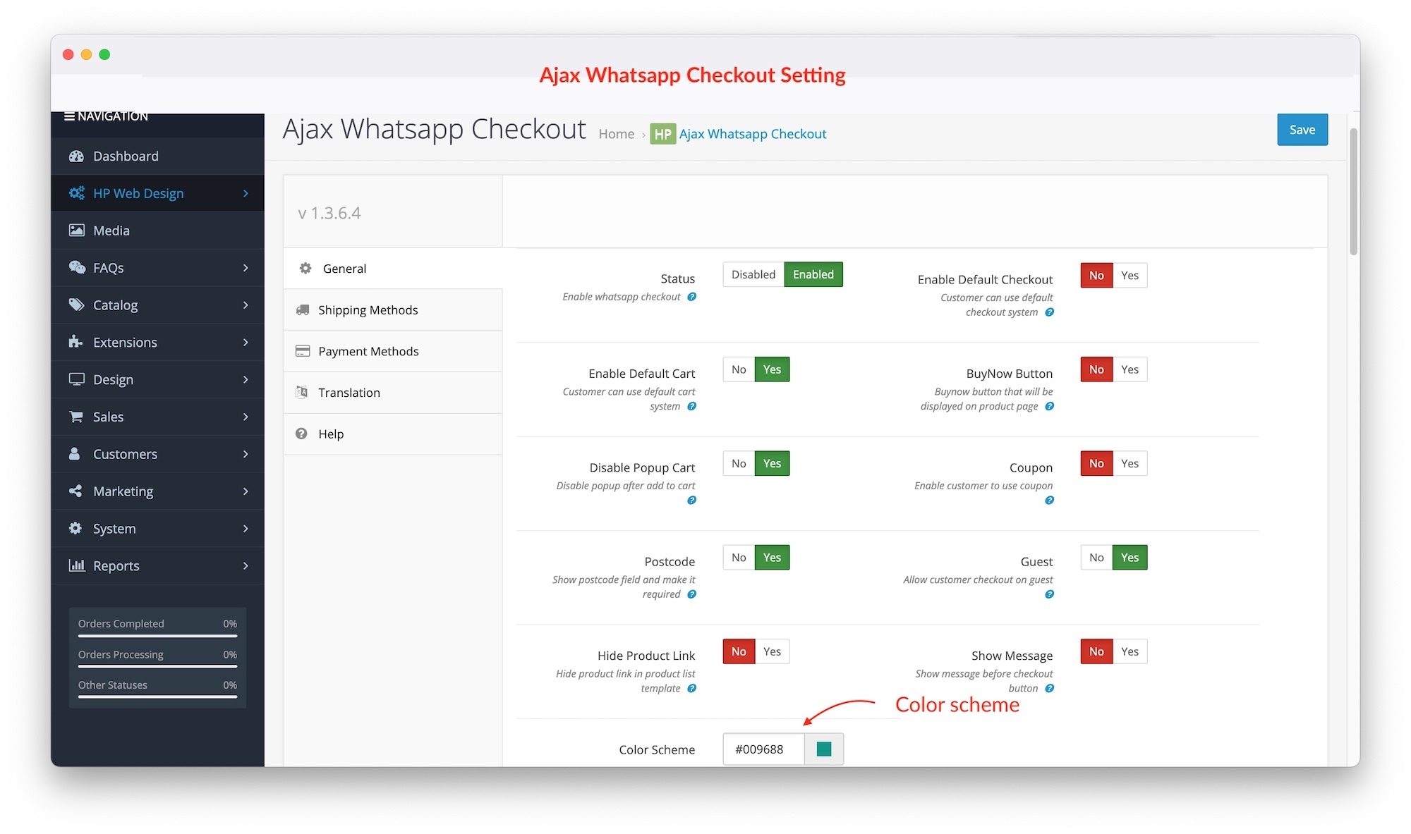 setting page for ajax whatsapp checkout opencart